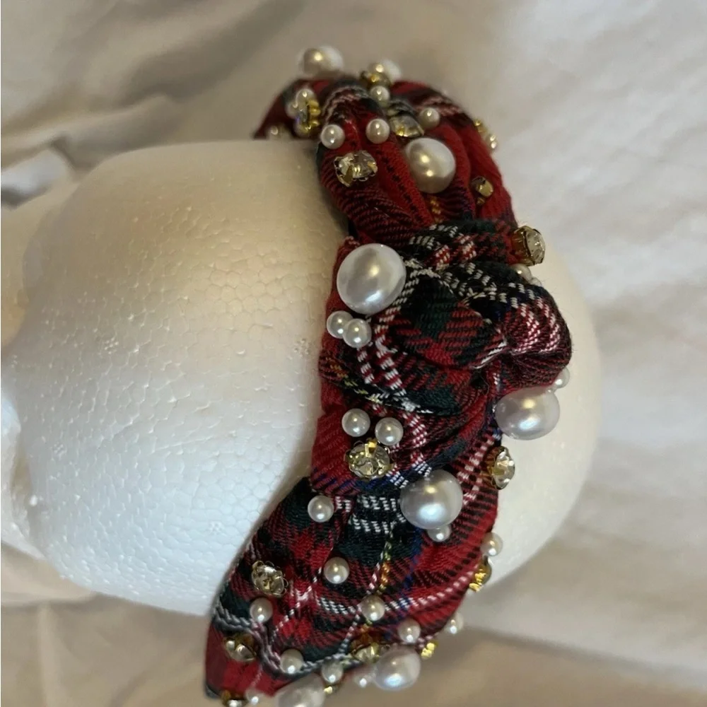 Plaid Red Headband with Faux Pearls & Rhinestones – Preppy & Chic